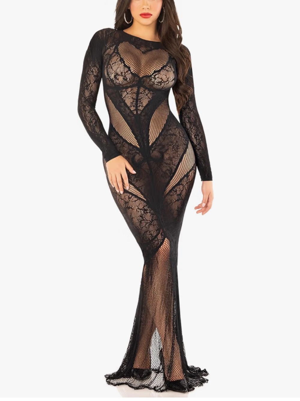 NWOT Leg Avenue Lace Body Con Gown with Heart Net Detail Black